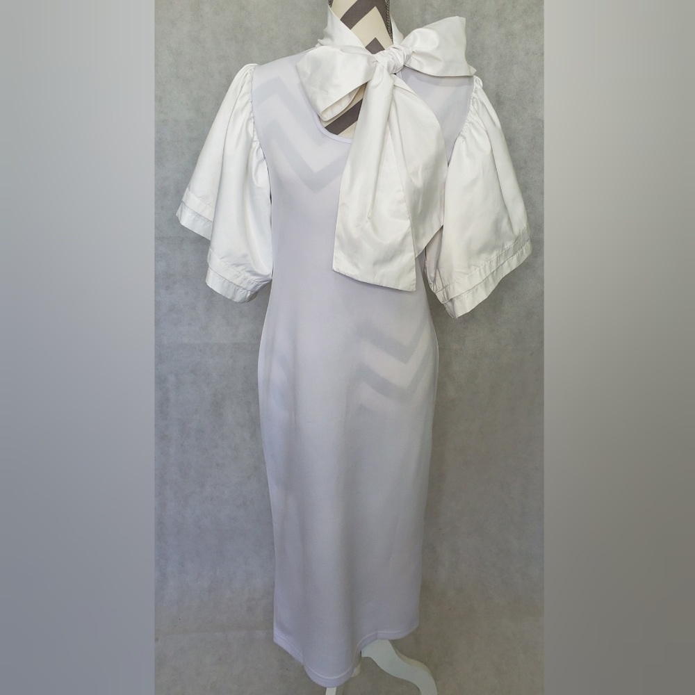 White Midi Dress With Large Bowtie Neck